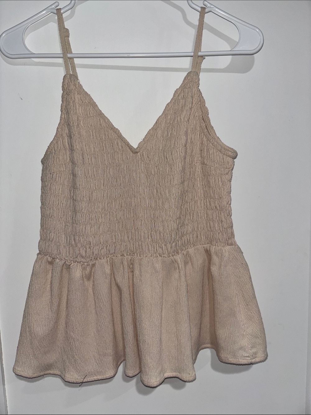 Beige Smocked V-Neck Peplum Cami
